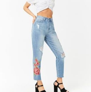 Floral Embroidered High-Rise Ankle Jeans